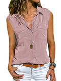 Womens Summer Casual Lapel Collar Button Front Sleeveless Blouses