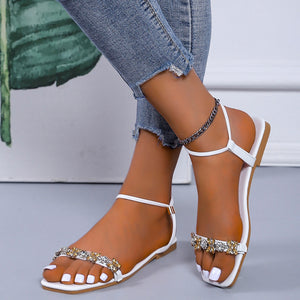 Square Toe Flat Heel Rhinestone Sandals for Women