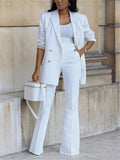 Office Ladies Solid Double Breasted Blazer Wide Leg Pants Sets