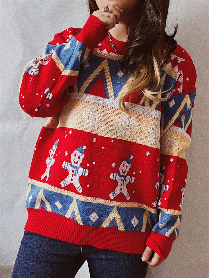 Winter Christmas Style Lovely Cartoon Snowman Print Pullover Wool Sweater for Women