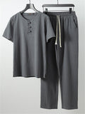 Comfy Two-Piece Outfit Front Button Short Sleeve T-Shirt + Drawstring Waistband Pants