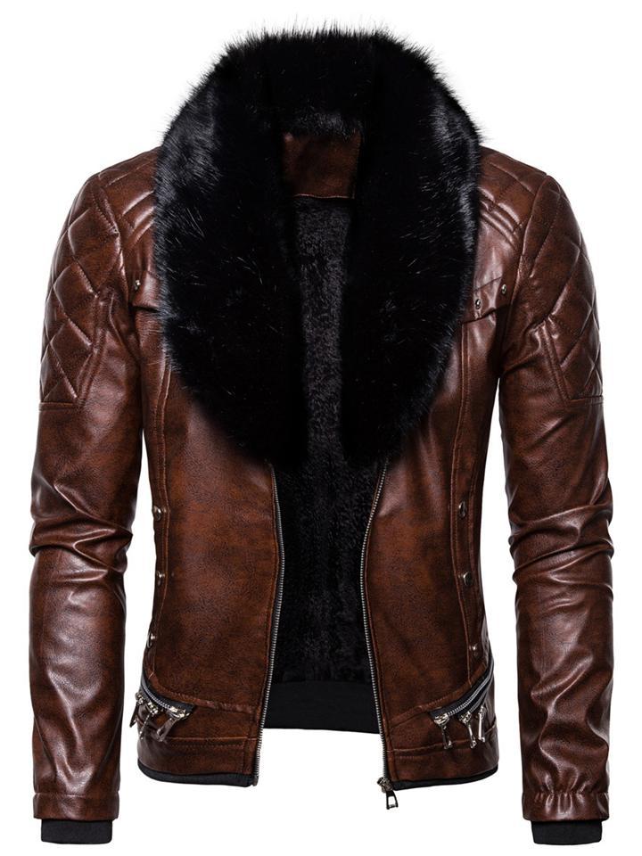 Fashion Solid Color Zipper Stitching Fur Collar Men's Leather Jacket