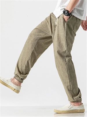 Men Cotton Linen Lightweight Drawstring Pants