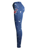 Women's Floral Embroidery Skinny White Spray Print Denim Jeans