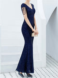 V-Neck Short Sleeve Graceful Slim Sequins Solid Color Long Evening Dresses