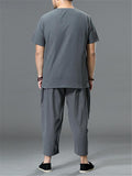 Loose Fit Linen 2-Piece Round Neck Button T-Shirt + Drawstring Cropped Pants