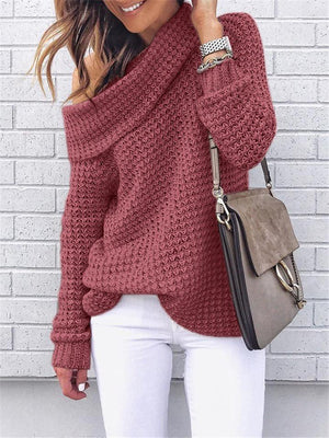 Loose Fit Cowl Neck Solid Color Ribbed Knit Sweaters