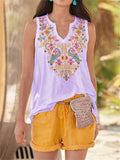 Ethnic Bohemian Floral Print V Neck Sleeveless Tops for Women