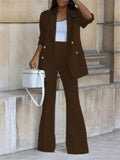 Office Ladies Solid Double Breasted Blazer Wide Leg Pants Sets