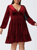 Ladies Sexy Oversized V Neck Long Sleeve Velvet Dress