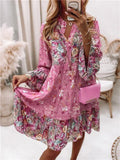 Printed Long Sleeve Patchwork Design Dresses