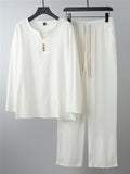 Relaxed Fit 2-Piece Outfit Notched Neck Slit Hem Shirt + Elastic Waistband Full-Length Pants
