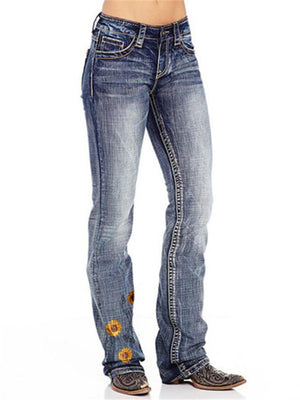 Women Fashion Embroidery Floral Straight Jeans