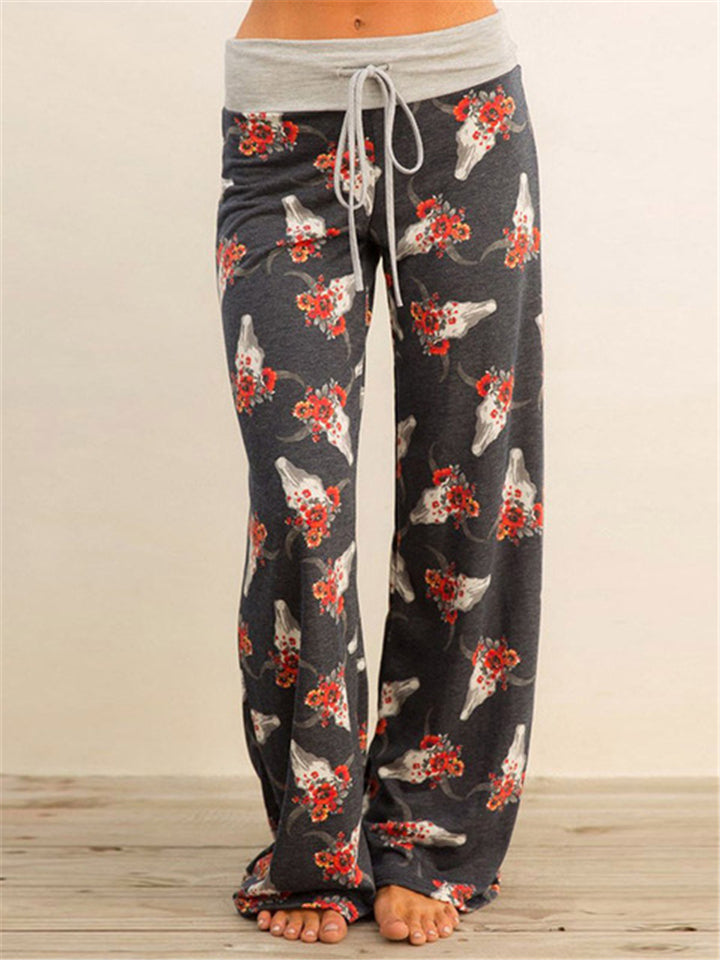 Women's Cute Floral Drawstring Wide-Leg Cotton Vacation Pants