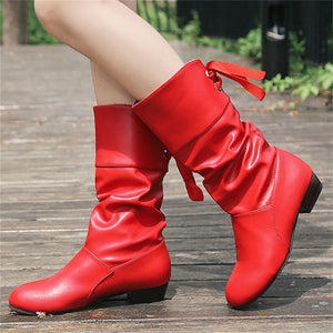 Women's Campus Round Toe Low Heels Ribbon Mid-Calf Knight Boots