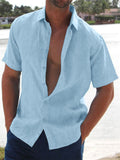 Lapel Solid Color Short Sleeve Linen Shirts
