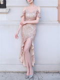 Gorgeous Shiny Sequins High-Low Ruffle Hem Dress For Party