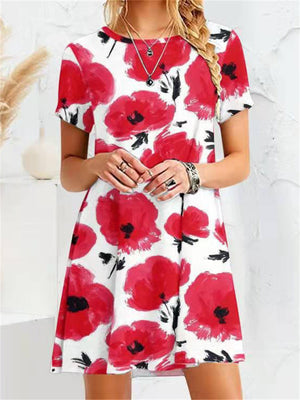 Gentle Female Flower Print Crew Neck Short Sleeve Trendy Dress