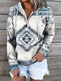 Women's Ethnic Diamond Printed Long Sleeve Pullover Hooded Sweatshirt