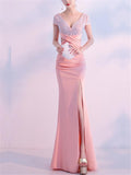 Sexy V Neck Side Slit Beaded Formal Dress for Dinner