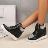 Women's Trendy High Top Lace Up Wedge Heels Rhinestone Boots