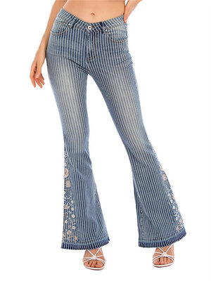 Women's Fashion Washed Effect Embroidery Striped Flared Jeans