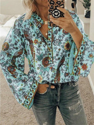 Loose Fit Front Button Up Floral Printed Long Sleeve Blouse
