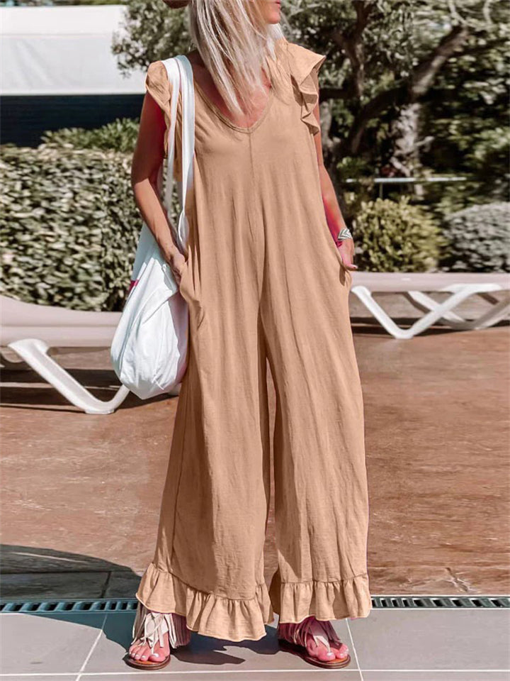 Fashion Casual V-neck Ruffled Jumpsuit for Women