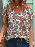 Loose Fit Multicolor Printed V Neck Pullover Short Sleeve T-Shirt