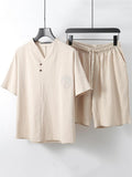Lightweight Linen Two-Piece Outfit Wrap Neck T-Shirt + Elastic Waistband Knee-Length Pants