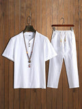 Men's Comfy Cotton Linen Sets Short-sleeved T-shirt + Trousers