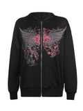 Fashion Heart With Wings Printed Zip Up Hoodie With Pockets