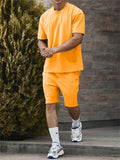 Sporty Short Sleeve Solid Color T-Shirts+Shorts Outfits
