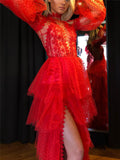 Sexy Pretty Thigh High Slit Fitted Waist Mesh Layered Dress for Prom