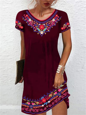 Floral Printed Short Sleeve Round Neck Dresses