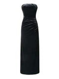 Gorgeous Strapless Thigh High Slit Black Velvet Maxi Gown for Evening