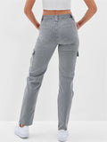 Women's Casual Washed Effect Multi-Pockets Button Grey Cargo Pants