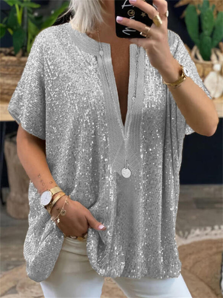 Women's Sexy Short Sleeve Deep V-neck Sequined Shirts