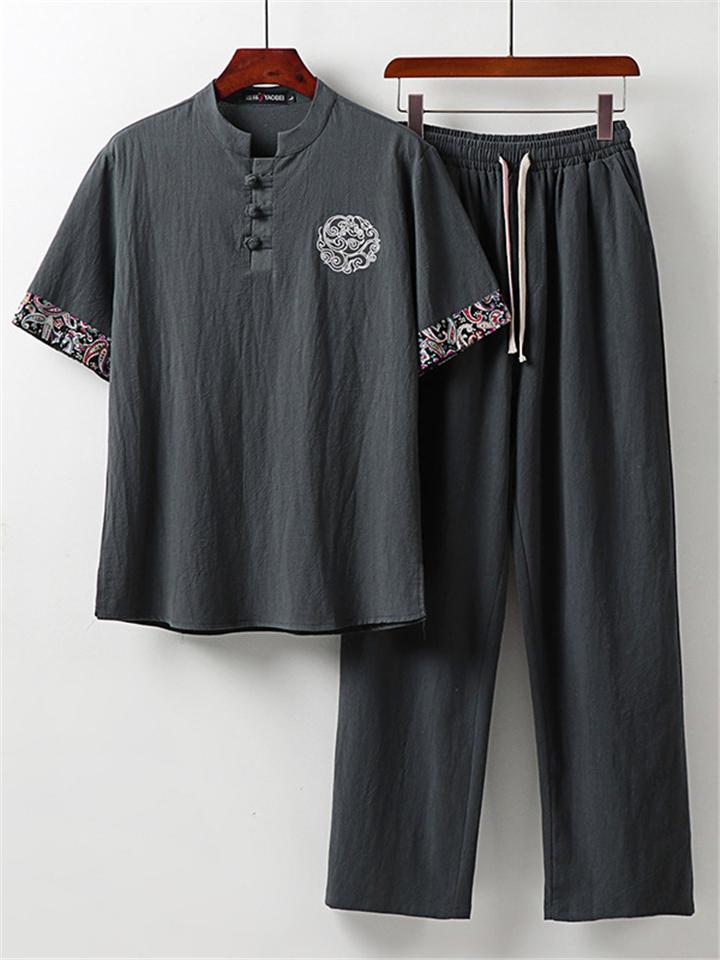 Ethnic Style Linen Outfit Retro Button Short Sleeve T-Shirt + Drawstring Full Length Pants