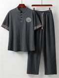 Ethnic Style Linen Outfit Retro Button Short Sleeve T-Shirt + Drawstring Full Length Pants