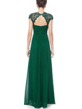 Elegant Cap Sleeve Lace Neckline Ruched Bust Evening Dress
