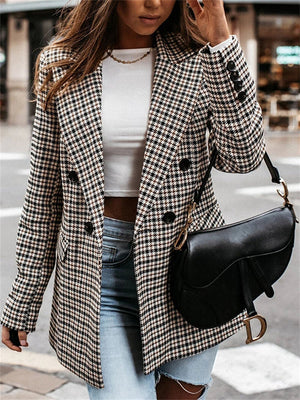 New Office Ladies Notched Collar Plaid Double Breasted Coats