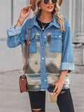 Girl's Geometric Printed Loose Denim Patchwork Button Lapel Coats