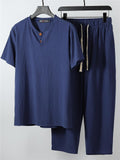 Solid Color Lightweight 2-Piece Outfit Button T-Shirt + Drawstring Waistband Cropped Pants