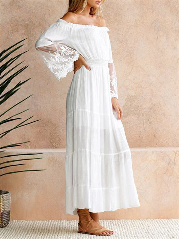 Women's Casual Lace Stitching Flowy Off Shoulder White Maxi Dress