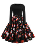 1950S Vintage Casual Style Round Neck Christmas Pattern Design Swing Dress