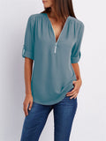 V-neck Zipper Loose Chiffon Blouses