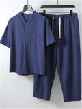 Comfy Loose Cotton Linen Print V-Neck Short-sleeved T-shirt + Cropped Pants