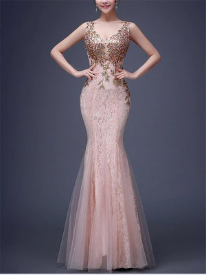 Sexy V Neck Trumpet Mermaid Sleeveless Lace Dress For Prom