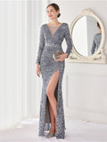 Graceful Long Sleeve Solid Color Sequins Fishtail Split Evening Dresses